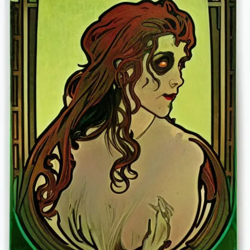 Image similar to zombie, painted by alphonse mucha