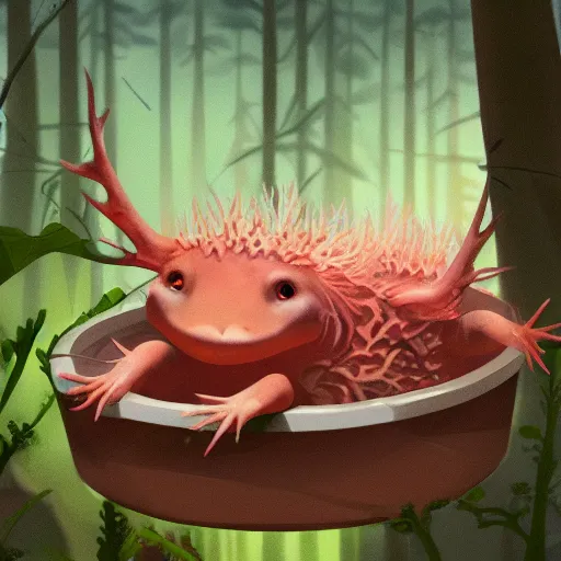 Image similar to axolotl sitting in a bucket with a forest background, award winning art, trending on artstation, digital art, painting, matte painting, render