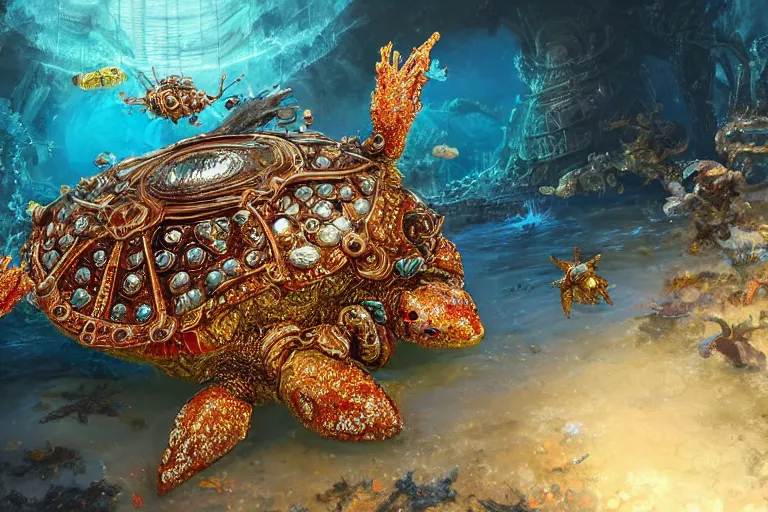 Prompt: beautiful painting of a huge caretta wearing an armour of jewels incrusted with golden beetles in vast ocean coral reef, water bubbles, intricate details, jewel fishes, realistic shaded , steampunk, highly detailed, artstation, illustration by Greg Rutkowski and Ruan Jia , octane render, 4k, dynamic light, volumetric light, neon lights, cinematic mood