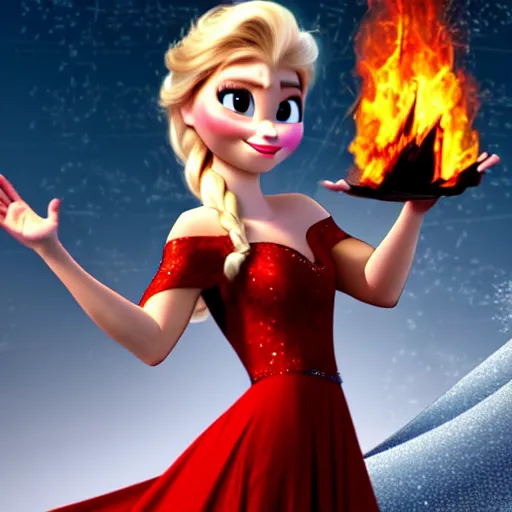 Prompt: elsa with fire powers wearing a red dress