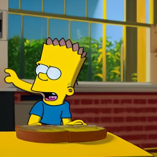 Prompt: bart simpson goes to college in the simpsons Pixar animated, Octane render, directed by alan parker, full HD, cinematic lighting, award winning, anatomically correct