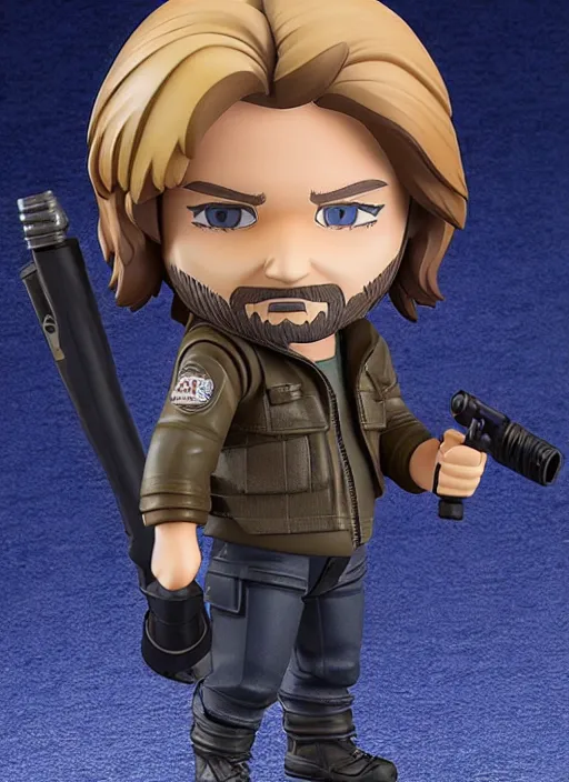 Image similar to kurt russell, a nendoroid of kurt russell figurine, arctic parka, flame thrower, john carpenters the thing, realistic face, detailed product photo