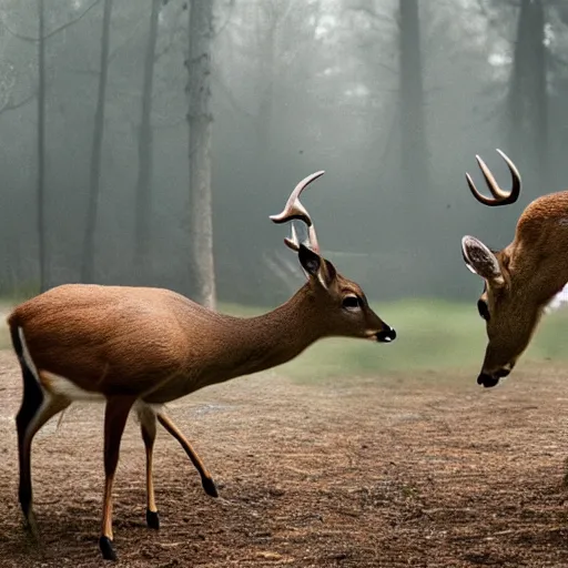 Prompt: cinematic scene of two deer fighting in a house