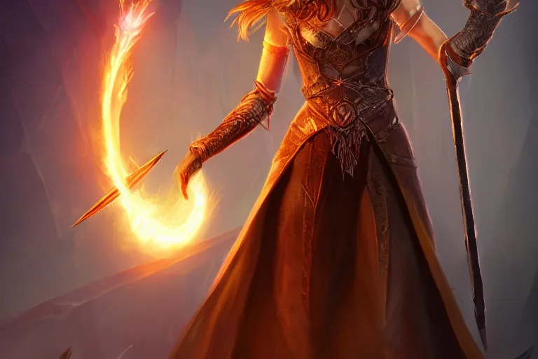 Prompt: ultra detailed fantasy, a beautiful magician with. a fireball in her hand, an ice sword, realistic, dnd, rpg, lotr game design fanart by concept art, behance hd, artstation, deviantart, global illumination radiating a glowing aura global illumination ray tracing hdr render in unreal engine 5