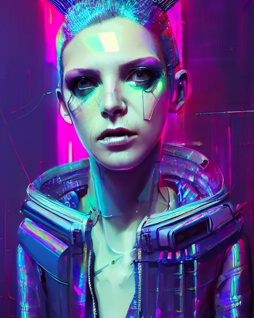 Prompt: detailed portrait of Punk girl, standing hair line Sheen Holographic Futuristic sci-fi fashion cyberpunk, (neotokyo), synthwave, (aesthetics), futuristic, bladerunner movie scene by ismail inceoglu dragan bibin hans thoma greg rutkowski Alexandros Pyromallis Nekro Rene Margitte illustrated Perfect face, fine details, realistic shaded, fine-face, pretty face sharp chine