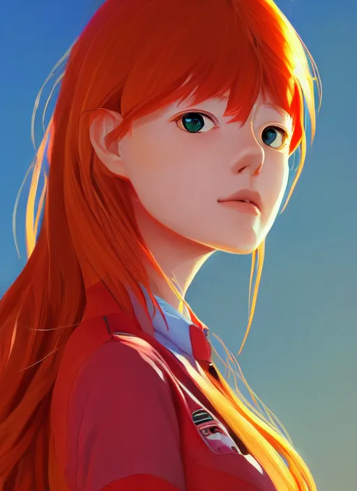 Image similar to highly detailed portrait of asuka langley soryu, stephen bliss, loish, rhads, makoto shinkai and lois van baarle, ilya kuvshinov, global illumination, radiant light, detailed and intricate environment