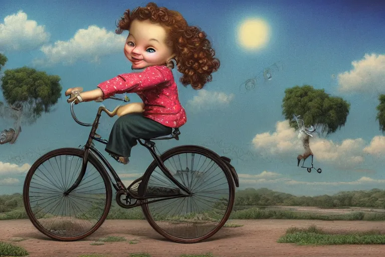 Prompt: highly detailed matte painting of a happy child riding a bicycle by mark ryden, lowbrow, 8 k resolution.