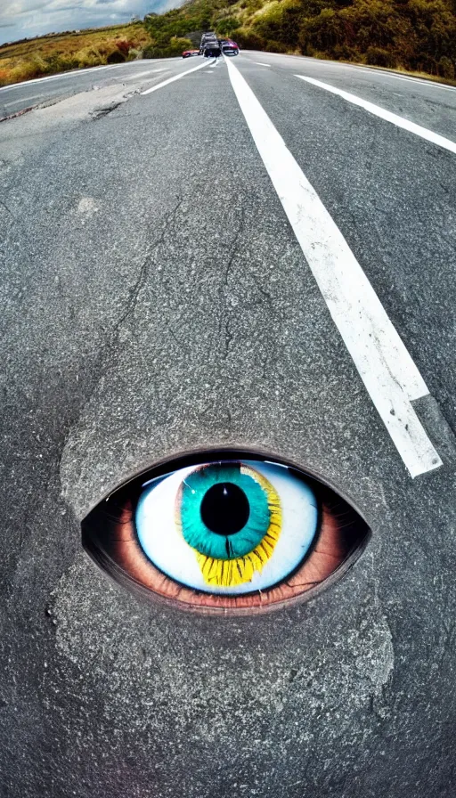 Image similar to photo of a giant eye open on an asphalt road, realistic photo, shot with a gopro, looming, colorful, eerie