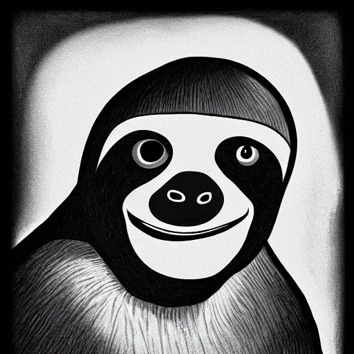 Image similar to sloth stoned af, noir animation, drawing, contrast shadows, detailed fur