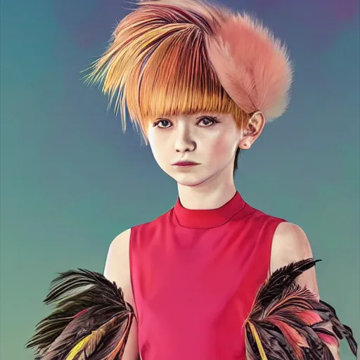 Image similar to little girl with an eccentric haircut wearing an dress made of feathers, artwork made by ilya kuvshinov and hirohiko araki