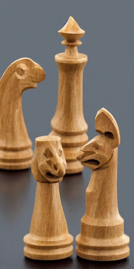 Prompt: a set of chess pieces carved to look like anthropomorphic animals