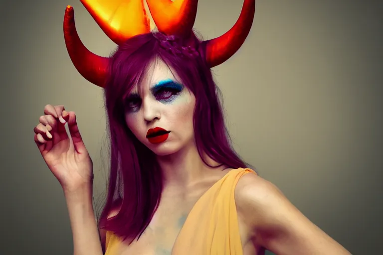 Image similar to pretty demon girl with horns photograph in the style of clemens ascher, colorful, realistic, 8 k