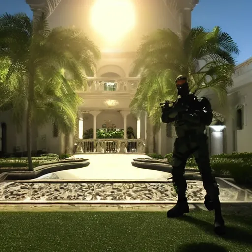 Image similar to splinter cell sam fisher infiltrating Mar a Lago 4k subscatter video game lens flare