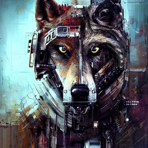 Prompt: a beautiful portrait of a cyborg angry wolf made of mech mask rendered in unreal engine, cyberpunk, dark scifi, painted by david burliuk, bernard buffet and carne griffiths