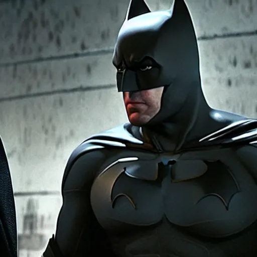Prompt: A still of Ben Affleck's Batman meeting Michael Keaton's Batman, 4k, photograph, ultra realistic, highly detailed, studio lighting