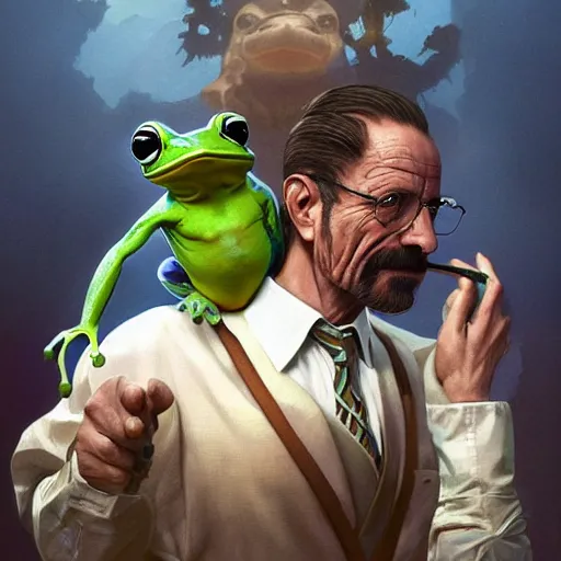 Image similar to a frog and walter white, intricate, highly detailed, digital painting, artstation, concept art, smooth, sharp focus, illustration, unreal engine 5, 8 k, art by artgerm and greg rutkowski and alphonse mucha