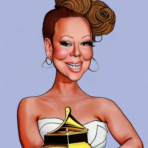 Prompt: a caricature portrait of mariah carey holding a grammy award