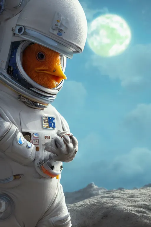 Image similar to a lonely chicken wearing a space suit without helmet in a alien planet, profile picture, digital art, concept art, trending on DeviantArt, highly detailed, high quality, 4K, cartoon, high coherence, path traced, blue sky in the background, octane render, digital painting, no helmet, masterpiece, anatomically correct, hyperrealistic