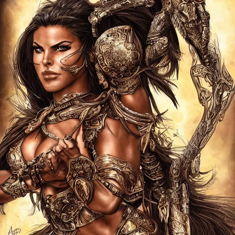 Image similar to adriana chechik as an amazon warrior, a tall beautiful woman with brown skin and long hair, dressed in hellenistic body armor, intricate, elegant, highly detailed, smooth, sharp focus, detailed face, art by ardian syaf