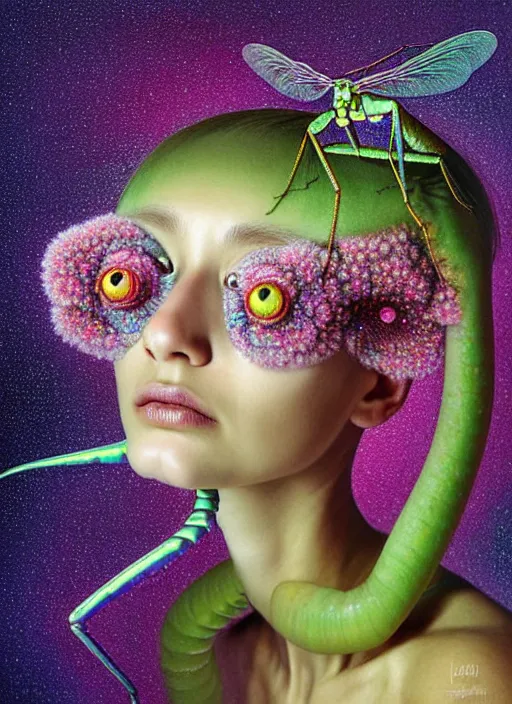 Image similar to hyper detailed 3d render like a Oil painting - kawaii portrait Aurora (gold haired Singer Praying Mantis Dragonfly bug faced) seen Eating of the Strangling network of yellowcake aerochrome and milky Fruit and Her compund eyes delicate Hands hold of gossamer polyp blossoms bring iridescent fungal flowers whose spores black the foolish stars by Jacek Yerka, Mariusz Lewandowski, Houdini algorithmic generative render, Abstract brush strokes, Masterpiece, Edward Hopper and James Gilleard, Zdzislaw Beksinski, Mark Ryden, Wolfgang Lettl, hints of Yayoi Kasuma, octane render, 8k