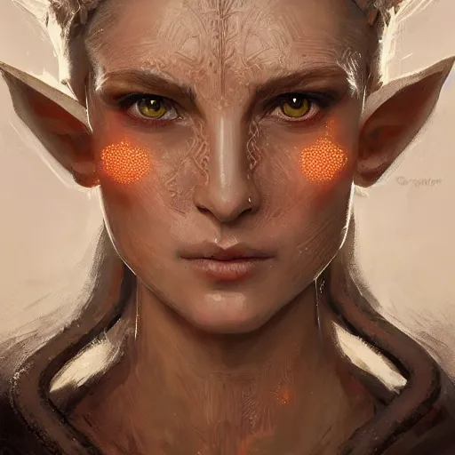 Prompt: A head-on, symmetrical detailed oil portrait of an elf woman with small curly copper horns, and wearing a simple white robe, by greg rutkowski, trending on artstation, dungeon and dragons art