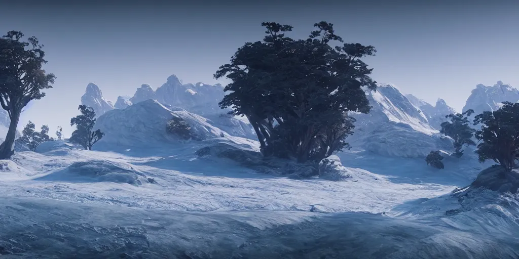 Image similar to stunning landscape, icy mountains, 8 k uhd, unreal engine, octane render in the artstyle of kuindzhi