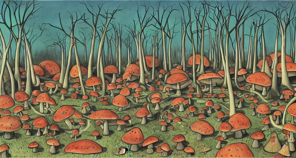 Prompt: A tribal village in a forest of giant mushrooms, by Charles Addams