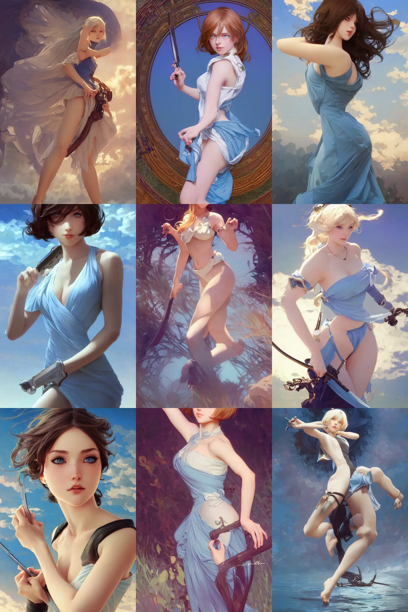 Prompt: very beautiful 2 b, full body, sky blue eyes, full round face, mid - shot, highly detailed, cinematic wallpaper by stanley artgerm lau, alphonse mucha, ilya kuvshinov