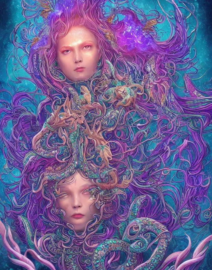 Prompt: goddess portrait, mermaid siren Cthulhu phoenix dragon, butterfly squid, burning halo mandala symmetrical ornament, intricate artwork by Tooth Wu and james jean and beeple and greg rutkowski, coherent symmetrical artwork, cinematic, hyper realism, high detail, octane render, unreal engine, 8k, Vibrant colors, Smooth gradients, High contrast, depth of field