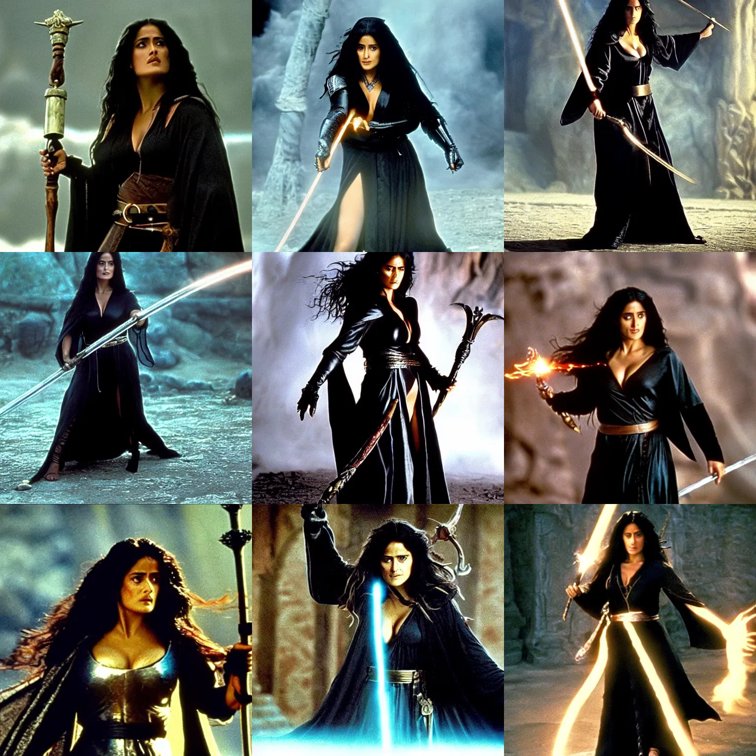 Prompt: epic photo of salma hayek as beautiful medieval sorceress with very long black hair wearing a black satin robe and metal belt, battle scene, holding her wizard staff electricity emanating from it, sweaty, in the film ladyhawke 1 9 8 5, movie still, cinematography by david fincher