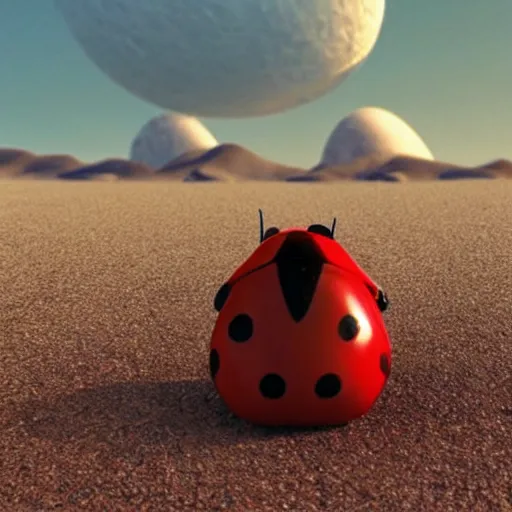 Image similar to promotional still wide angle, a mountain - sized ladybug roams a barren wasteland, dramatic lighting, ( e. t. the extra - terrestrial ), batteries not included, harry potter, octane 3 d render, imax, 7 0 mm.