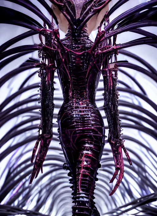 Image similar to walking down the catwalk, ben watts, show, stage, vogue photo, podium, fashion show photo, iris van herpen, beautiful woman, full body shot, helmet on face, masterpiece, plant predator, giger, guyver, jellyfish, biomechanical details, movie still, fauvism, cinestill, bokeh, gelios lens