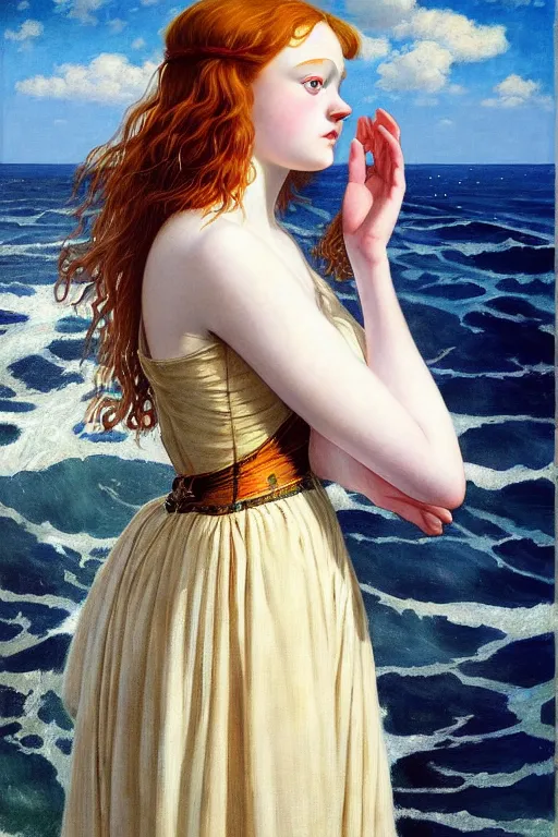 Image similar to a sadie sink wearing a dress emerging from the water, oil on canvas, symetrical, sensuality, hyper realistic, artstation, by j. c. leyendecker and edmund blair leighton and charlie bowater, instagram photo