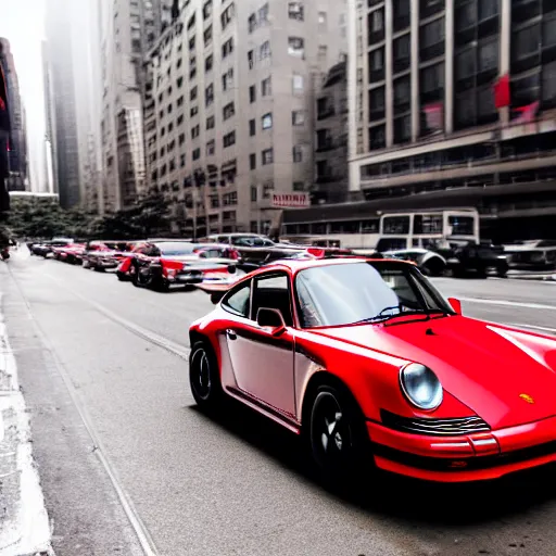 Image similar to photo of a red porsche 9 1 1 9 6 4 carrera 2 speeding through nyc, cinematic, motion blur