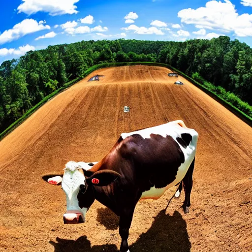 Image similar to a cow standing on a motocross track, fisheye lens