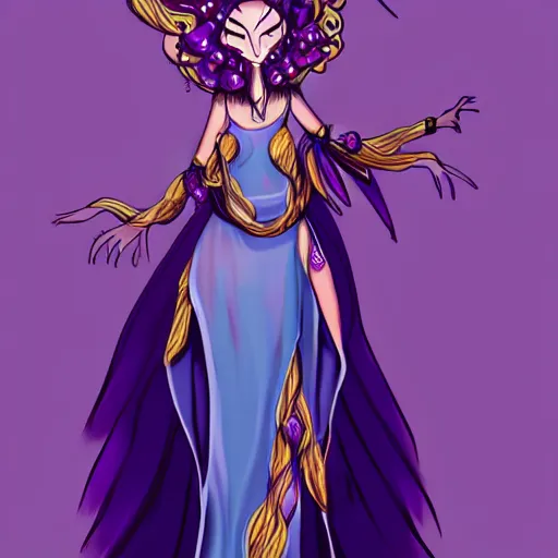 Prompt: mythical goddess from the 4th dimension wearing a comically long dress and robe, purple colors, character concept art, trending on artstation