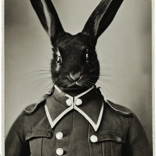 Prompt: a black and white photograph of a rabbit wearing a Russian World War 1 uniform