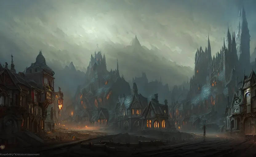 Prompt: extreme long shot concept art depicted old english majestic town, dramatic mood, overcast mood, dark fantasy environment, dieselpunk, art by legends of runeterra and league of legends and arcane, art by tony sart and mauro belfiore, trending on artstation, unreal engine, golden ratio, spectacular composition