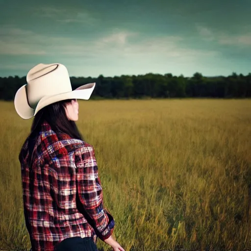 Image similar to a female fluffy humanoid fox animal, wearing cowboy hat, wearing plaid shirt, playing guitar, in a field, barn in background, album cover style