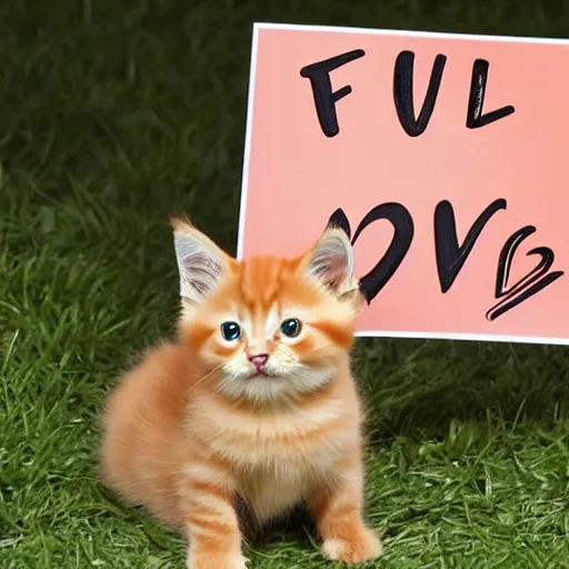 Image similar to cute fluffy orange tabby kitten with a sign that says