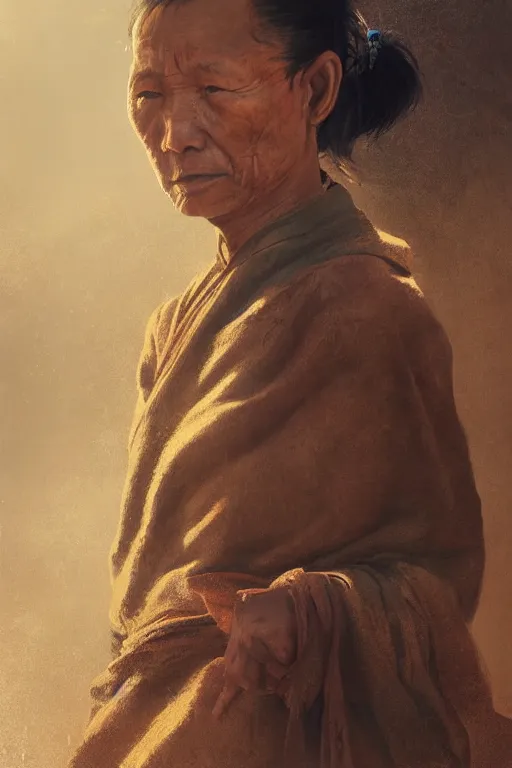 Image similar to Tibetan citizen, portrait, poor, intricate, elegant, volumetric lighting, scenery, digital painting, highly detailed, artstation, sharp focus, illustration, concept art,ruan jia, steve mccurry