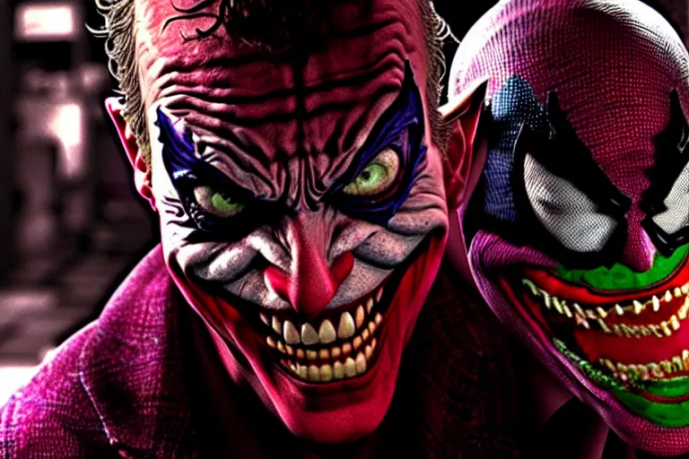 Image similar to Joker imitates Spider-Man and laughs, scary scene, top horrible creatures, horrible, horror films, film on real events, horrors filmed on camera, fangs and drool, jaw and tongue, man is terrified, fear, darkness, basement, 8k, hyper-realistic, ray tracing, night, flashlight