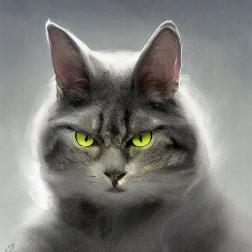 Prompt: a big dark old menacing, yellow eyed, grey cat with white belly, white paws and white face markings with long fur and fluffy tail sitting, intricate, elegant, highly detailed, digital painting, artstation, concept art, matte, sharp focus, illustration, art by Artgerm and Greg Rutkowski and Alphonse Mucha