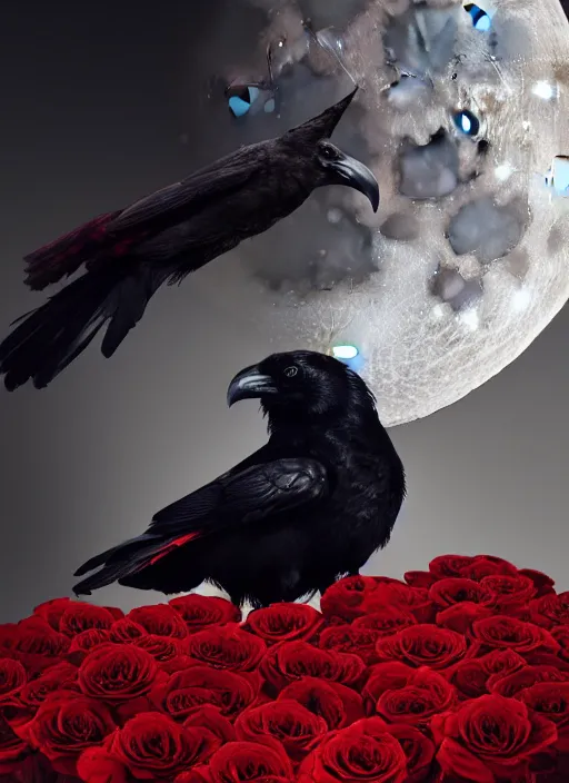 Image similar to moon is important, red and golden color details, portrait, A crow with red eyes in front of the full big moon, book cover, red roses, red white black colors, establishing shot, extremly high detail, foto realistic, cinematic lighting, by Yoshitaka Amano, Ruan Jia, Kentaro Miura, Artgerm, post processed, concept art, artstation, raphael lacoste, alex ross, portrait, A crow with red eyes in front of the full big moon, book cover, red roses, red white black colors, establishing shot, extremly high detail, photo-realistic, cinematic lighting, by Yoshitaka Amano, Ruan Jia, Kentaro Miura, Artgerm, post processed, concept art, artstation, raphael lacoste, alex ross