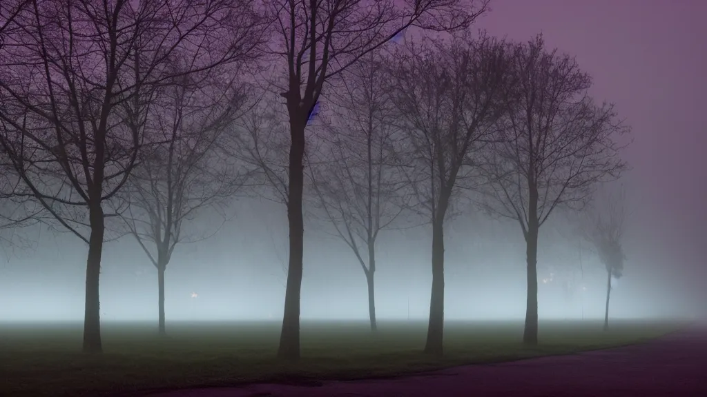 Prompt: photograph of a foggy neon park at night by henri prestes, 4 k resolution