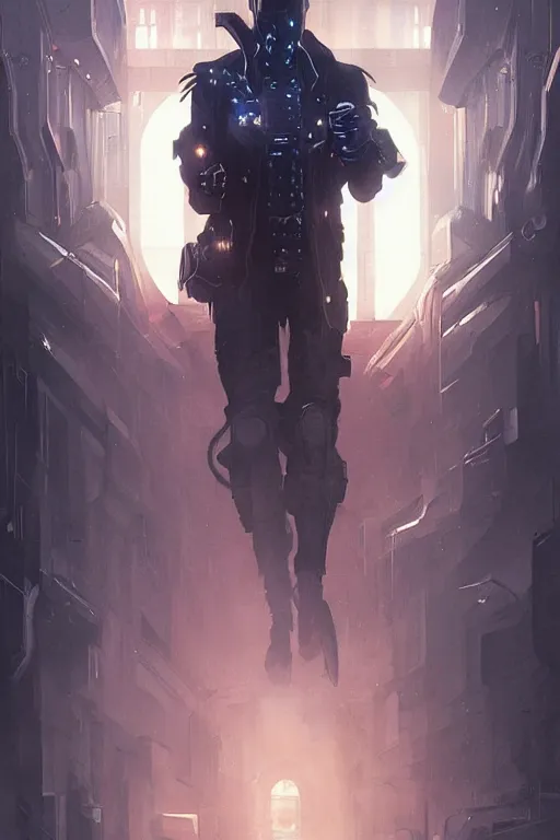 Image similar to cyberpunk man with face tech, dim ambient lighting, dark shadows, highly detailed, digital painting, artstation, concept art, sharp focus, illustration, art by artgerm and greg rutkowski and alphonse mucha