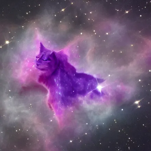 Image similar to Purple nebula in the shape of a cat,high quality image taken by James Webb telescope