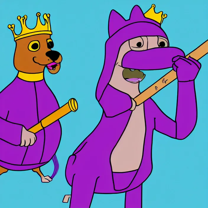 Image similar to a digital drawing of an anthropomorphic dog wearing a purple hoodie and a crown, smashing a golden trophy with a baseball bat. in the style of bojack horseman. lisa hanawalt