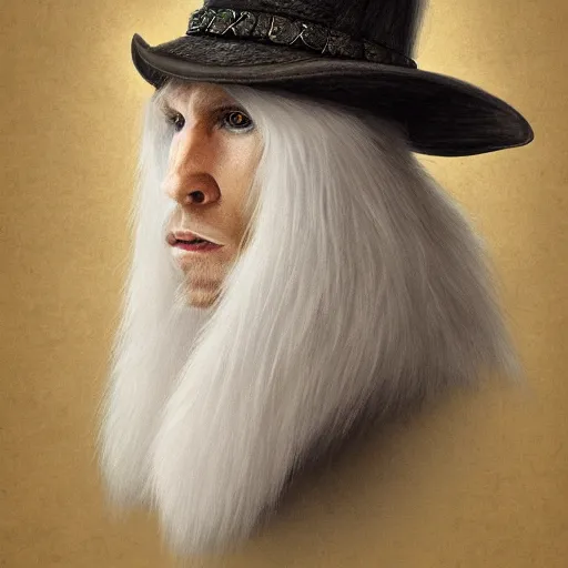 Image similar to portrait of a white panter with a very long fur and wizard hat, fantasy, trending on artstation, heroic pose, illustration, highly detailed, simple, 8k