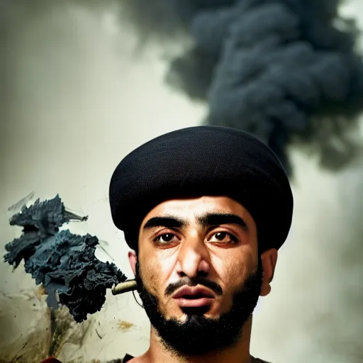 Image similar to Photo of Khalid ibn al-Walid in a battle, war cry, close-up, high detail, studio, ominous background, smoke, by Martin Schoeller